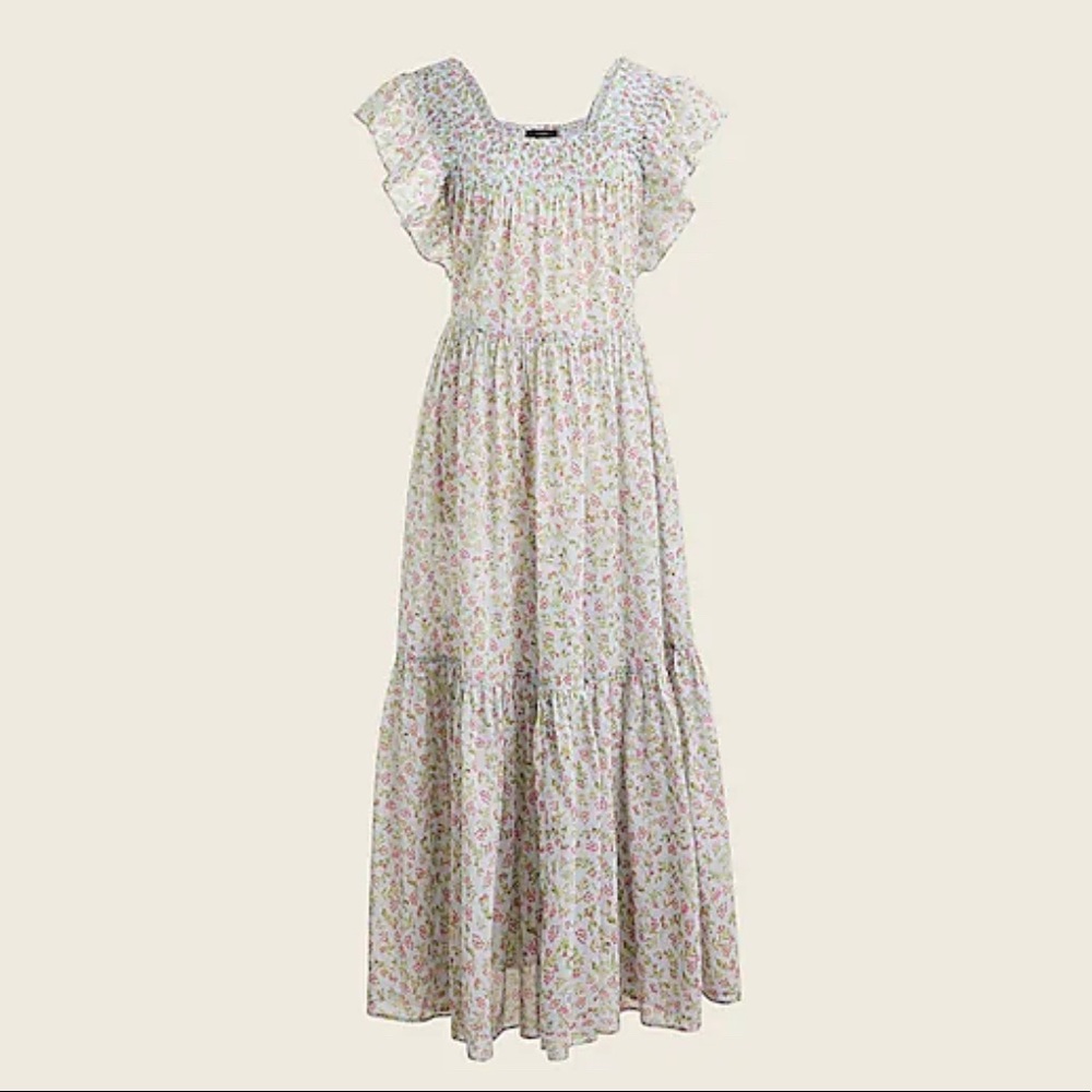 Smocked flutter-sleeve dress in cloud meadow floral